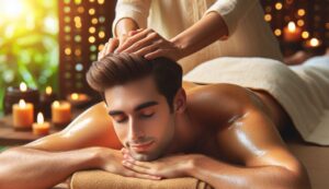An image of a person receiving an Ayurvedic oil massage in a relaxing setting